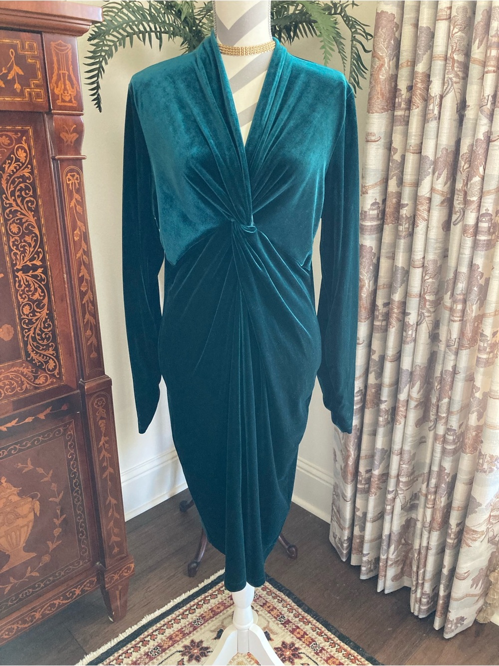 Elie Tahari Teal Velvet Draped V-Neck Long Sleeve Midi Sheath Zip Dress XL
